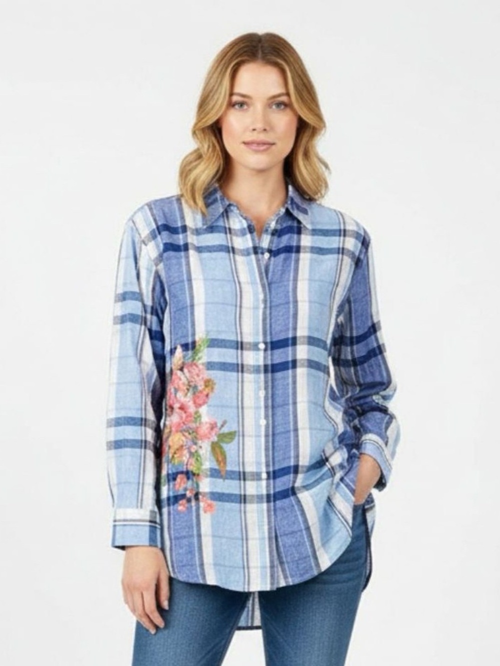 Ralph Lauren 100% Linen Blue & White Plaid Checkered Gingham Blouse